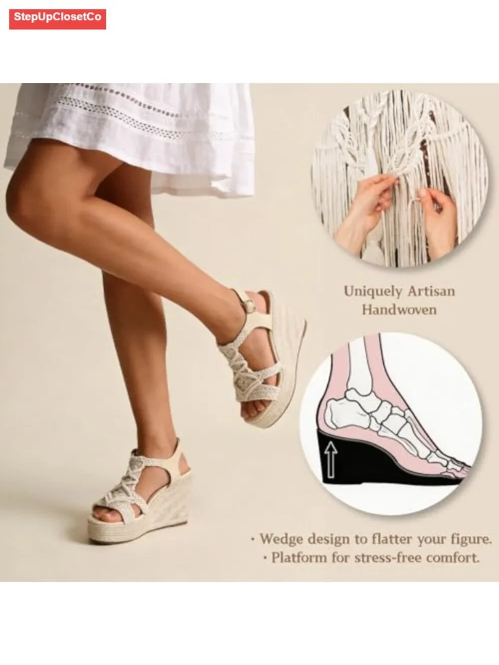 Espadrille Wedge Sandals Open Toe Platform Heel Woven Ankle Strap Boho